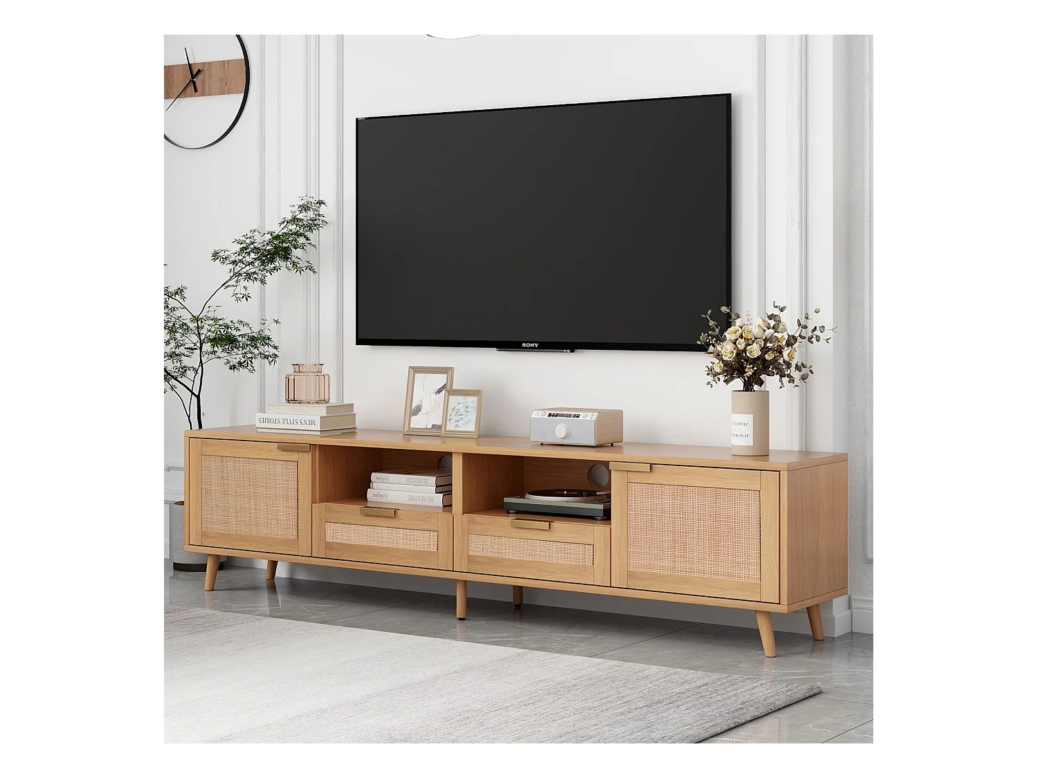 TV-Ständer, 200*37*49 cm, Kunststoff Rattan Design TV-Ständer, Massivholz Füße TV-Ständer, Rattan TV-Panel