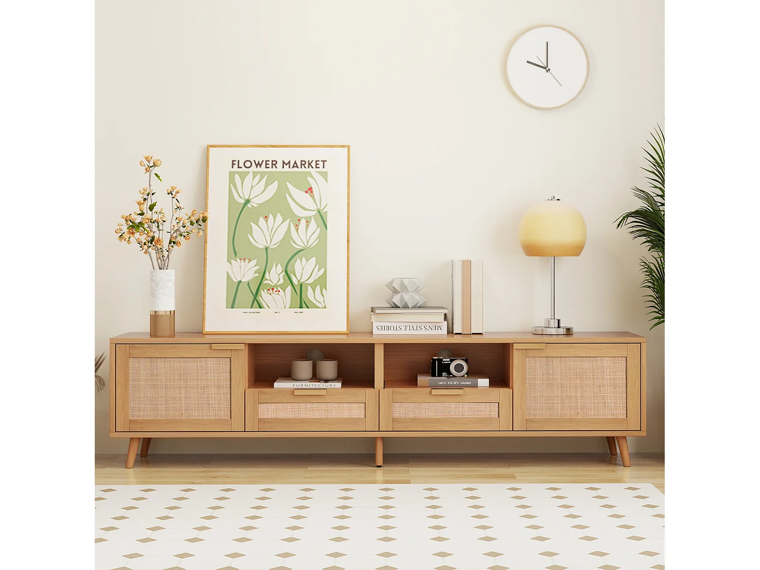 TV-Ständer, 200*37*49 cm, Kunststoff Rattan Design TV-Ständer, Massivholz Füße TV-Ständer, Rattan TV-Panel