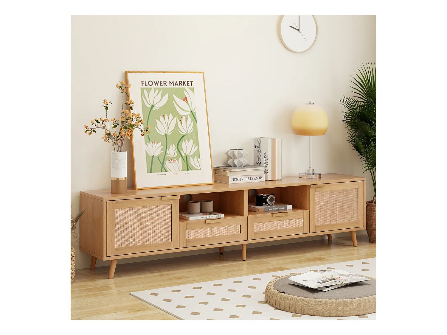 TV-Ständer, 200*37*49 cm, Kunststoff Rattan Design TV-Ständer, Massivholz Füße TV-Ständer, Rattan TV-Panel