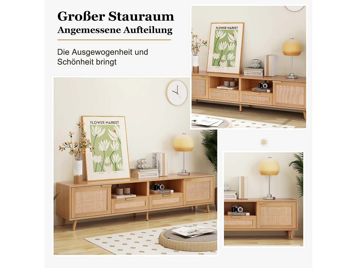 TV-Ständer, 200*37*49 cm, Kunststoff Rattan Design TV-Ständer, Massivholz Füße TV-Ständer, Rattan TV-Panel