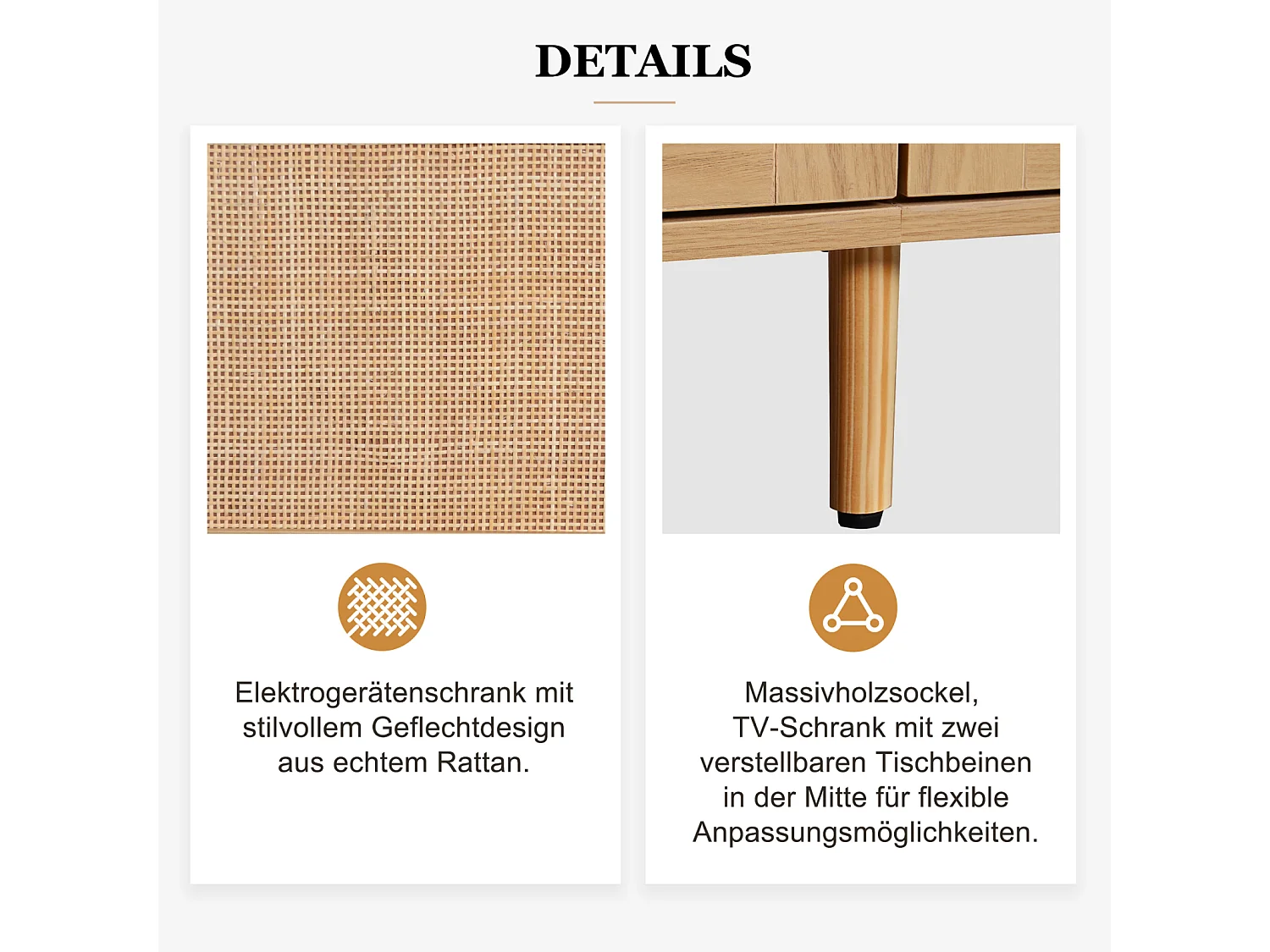 TV-Ständer, 200*37*49 cm, Kunststoff Rattan Design TV-Ständer, Massivholz Füße TV-Ständer, Rattan TV-Panel