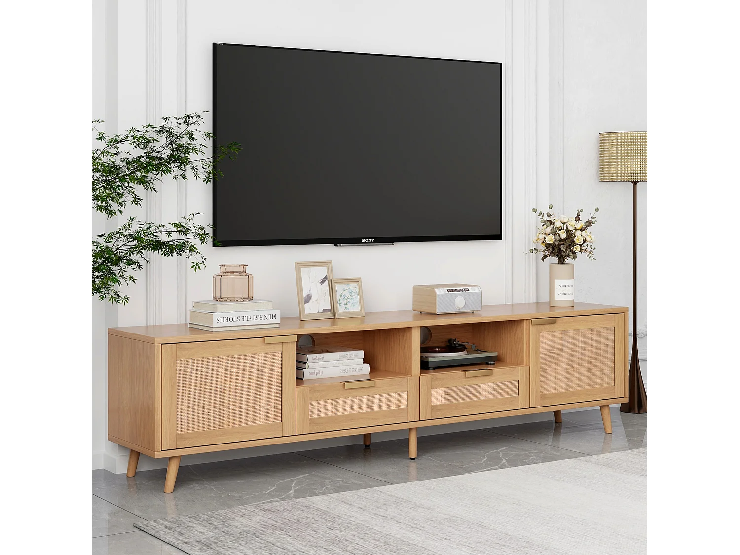 TV-Ständer, 200*37*49 cm, Kunststoff Rattan Design TV-Ständer, Massivholz Füße TV-Ständer, Rattan TV-Panel