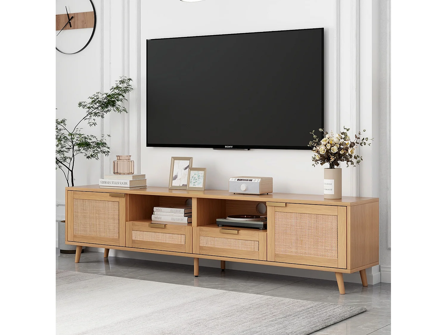 TV-Ständer, 200*37*49 cm, Kunststoff Rattan Design TV-Ständer, Massivholz Füße TV-Ständer, Rattan TV-Panel