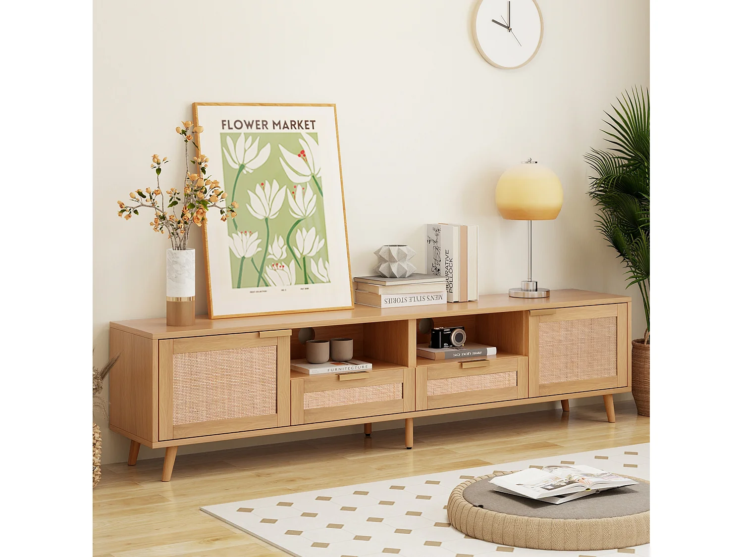 TV-Ständer, 200*37*49 cm, Kunststoff Rattan Design TV-Ständer, Massivholz Füße TV-Ständer, Rattan TV-Panel