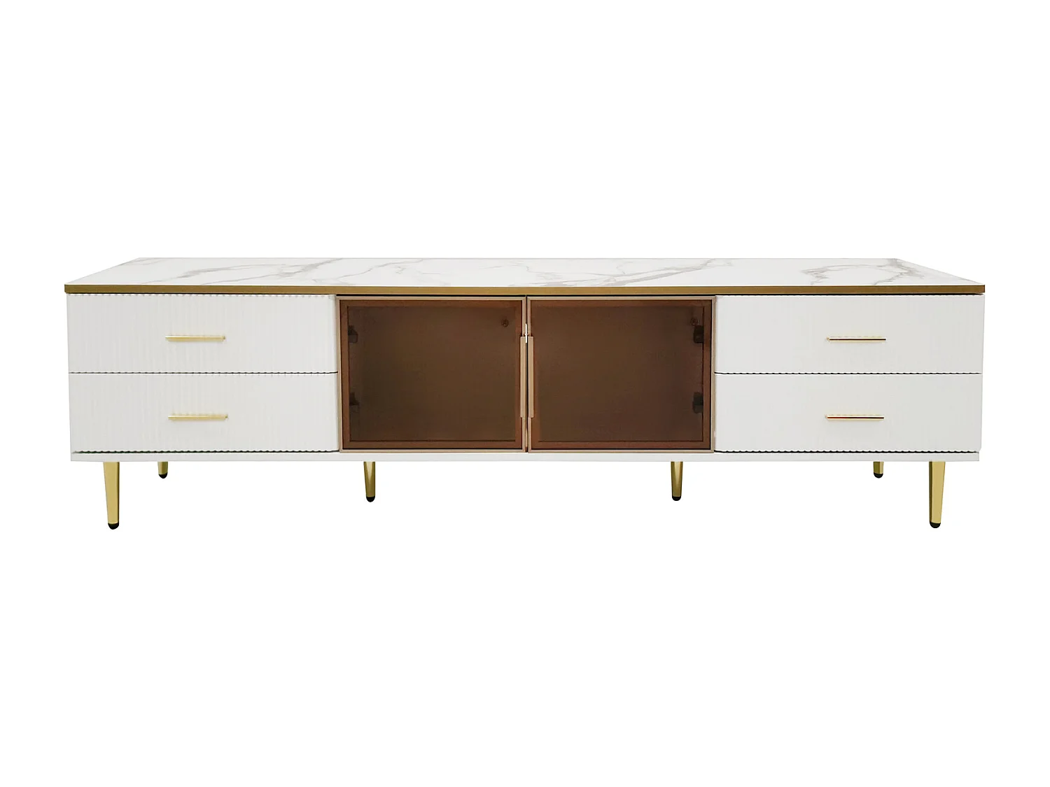 Armoire de télévision en mammoroptique, armoire de télévision avec 4 pieds, 4 tiroirs structurés avec poignées dorées et deux portes brunes en verre cuisiné,