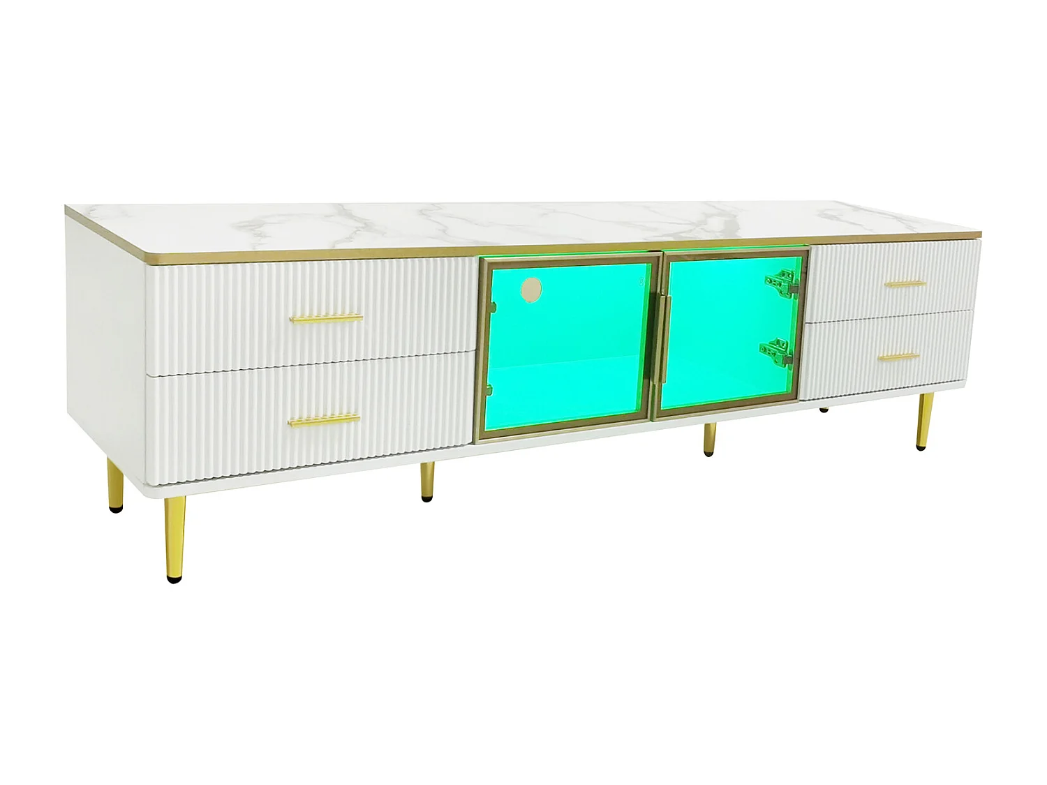 Armoire de télévision en mammoroptique, armoire de télévision avec 4 pieds, 4 tiroirs structurés avec poignées dorées et deux portes brunes en verre cuisiné,