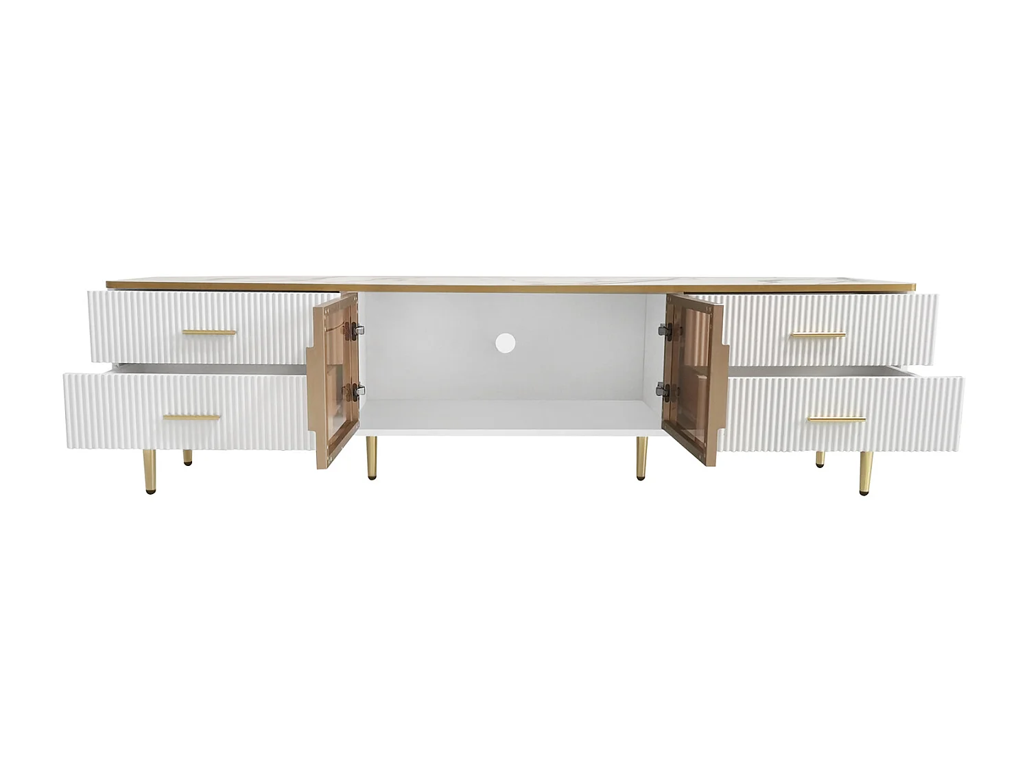 Armoire de télévision en mammoroptique, armoire de télévision avec 4 pieds, 4 tiroirs structurés avec poignées dorées et deux portes brunes en verre cuisiné,