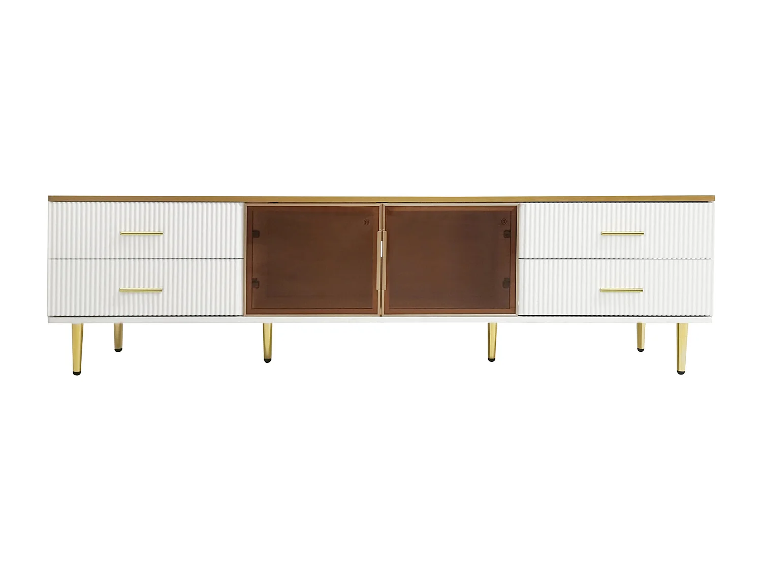 Armoire de télévision en mammoroptique, armoire de télévision avec 4 pieds, 4 tiroirs structurés avec poignées dorées et deux portes brunes en verre cuisiné,