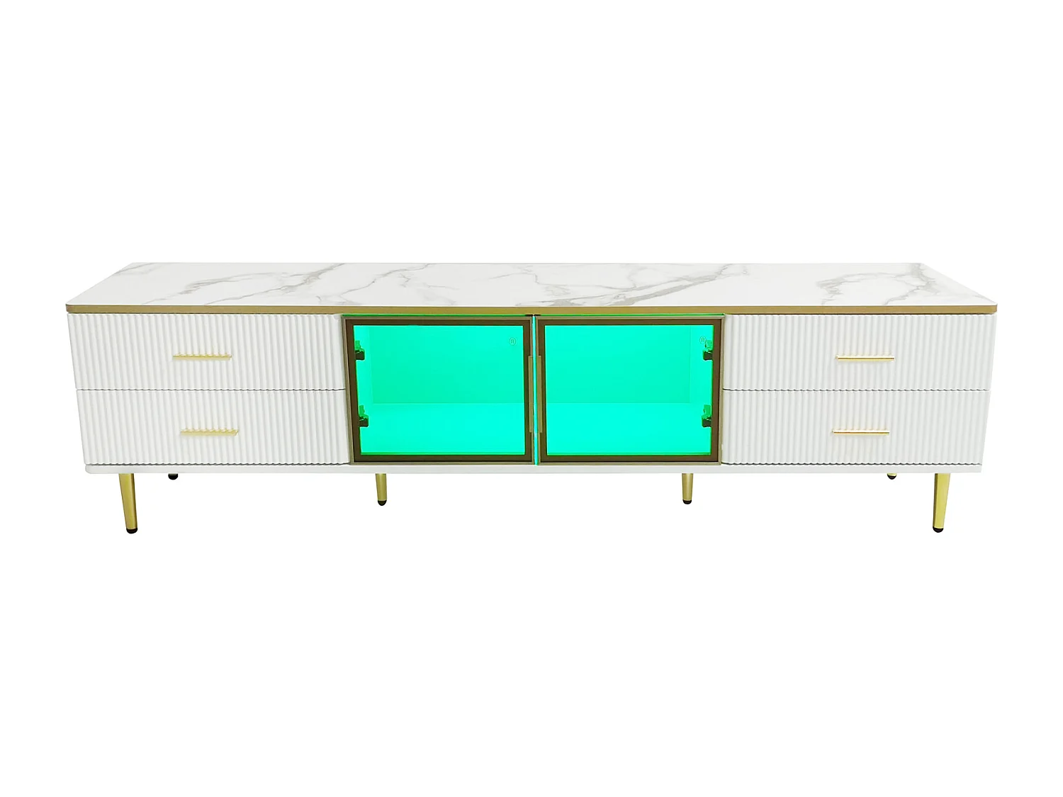 Armoire de télévision en mammoroptique, armoire de télévision avec 4 pieds, 4 tiroirs structurés avec poignées dorées et deux portes brunes en verre cuisiné,