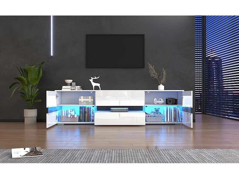 Armoire de télévision haute brillance blanche moderne, 160x39x45 cm, avec éclairage LED, 2 portes, 1 tiroir, coffre ouvert, adapté à la télévision de 70 pouces