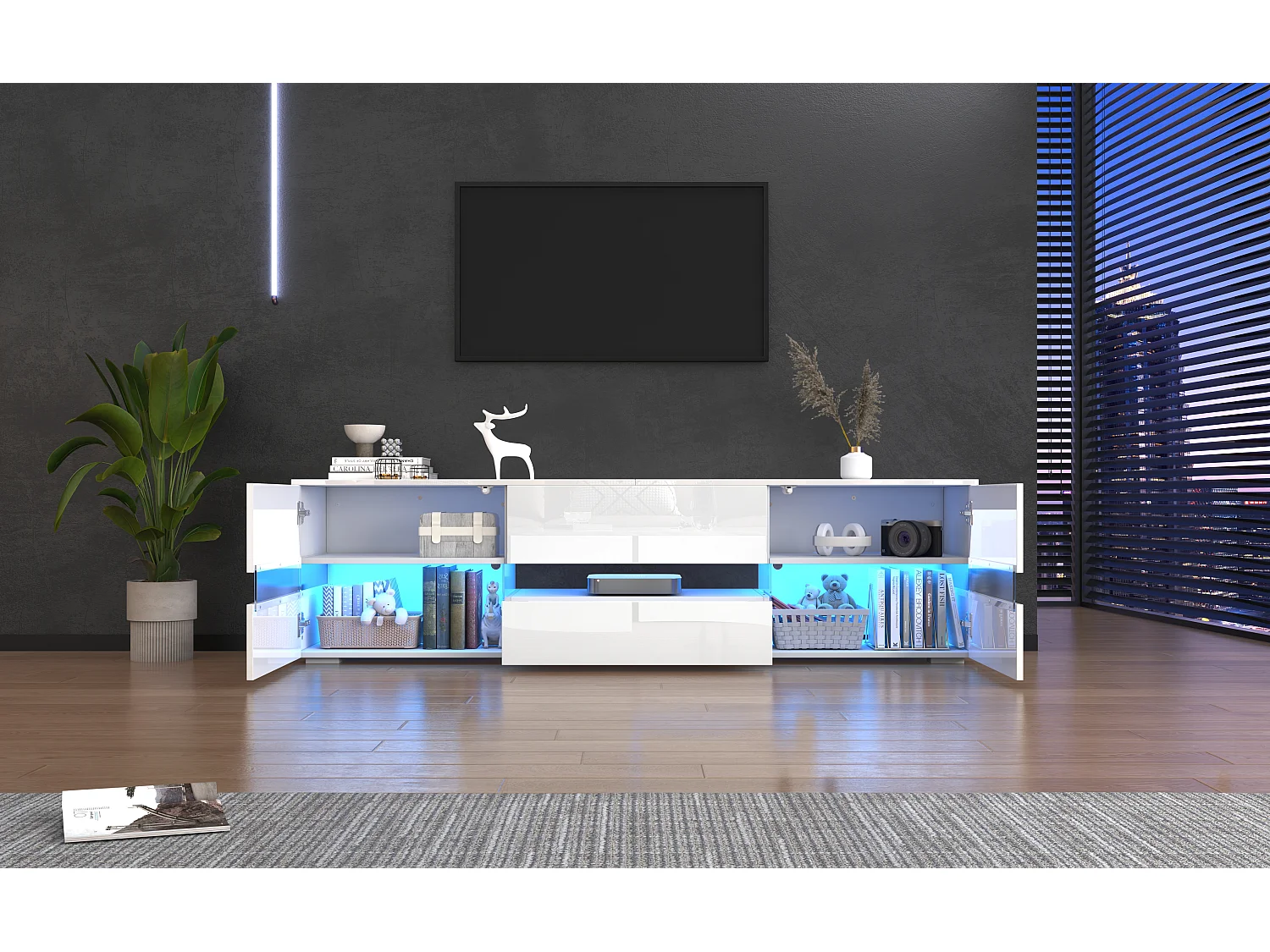 Armoire de télévision haute brillance blanche moderne, 160x39x45 cm, avec éclairage LED, 2 portes, 1 tiroir, coffre ouvert, adapté à la télévision de 70 pouces