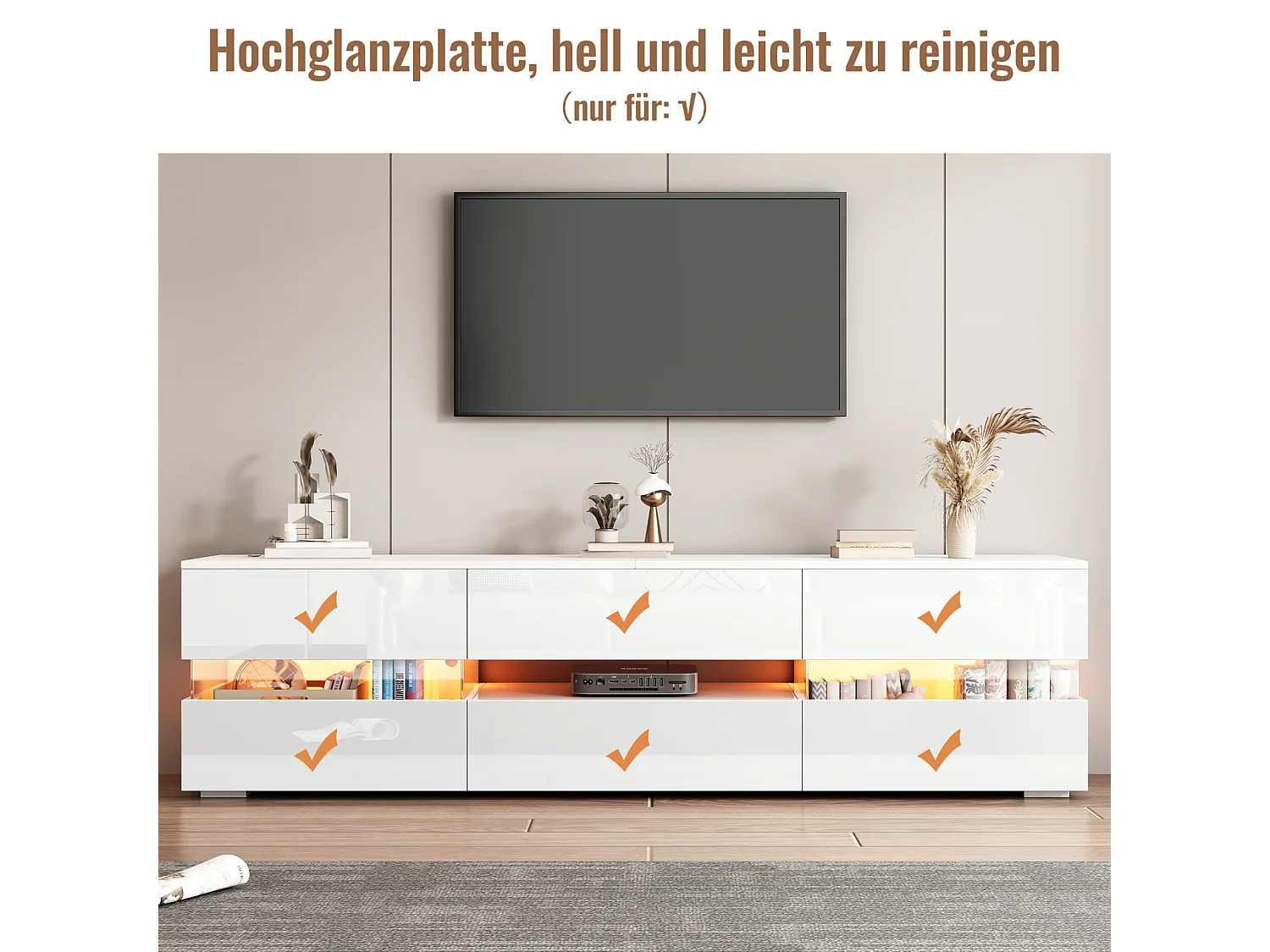 Armoire de télévision haute brillance blanche moderne, 160x39x45 cm, avec éclairage LED, 2 portes, 1 tiroir, coffre ouvert, adapté à la télévision de 70 pouces