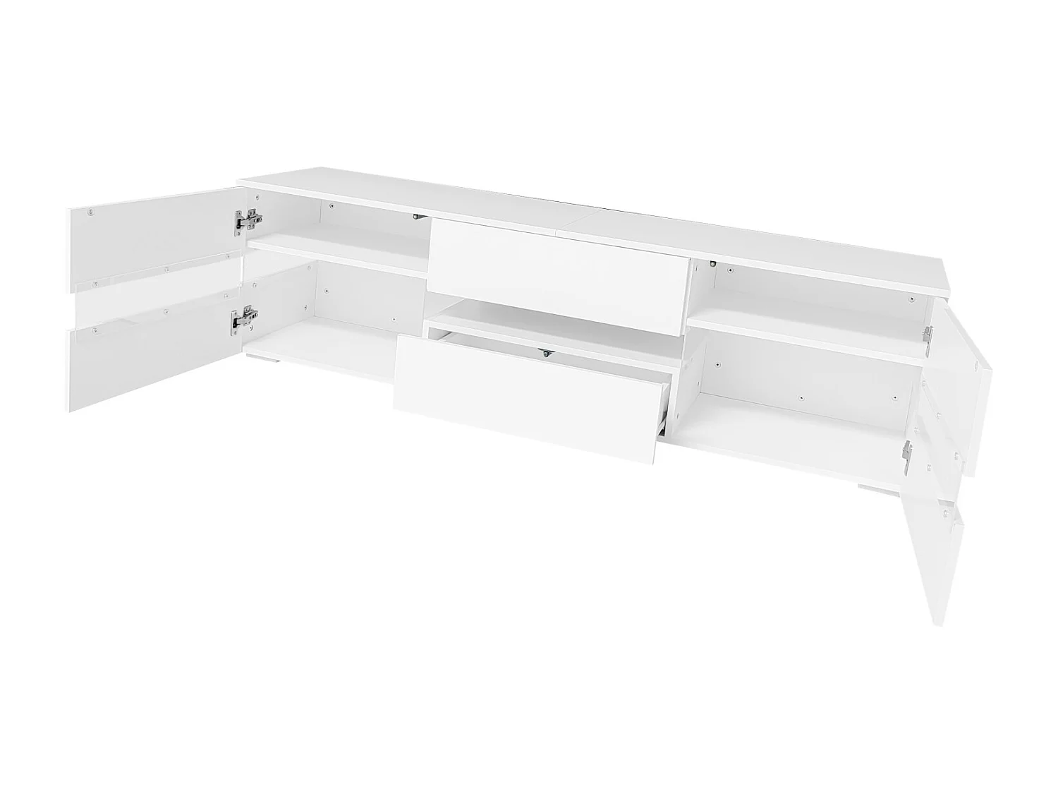 Armoire de télévision haute brillance blanche moderne, 160x39x45 cm, avec éclairage LED, 2 portes, 1 tiroir, coffre ouvert, adapté à la télévision de 70 pouces