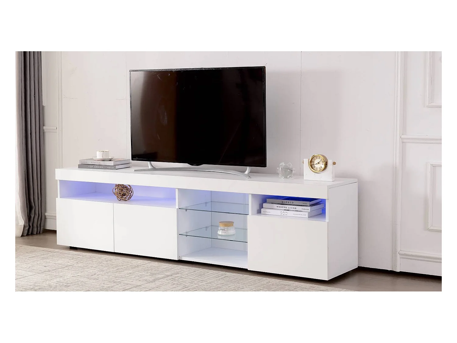 Armoire TV moderne blanc, panneau lumineux, éclairage LED variable, salon et salle à manger 180cm