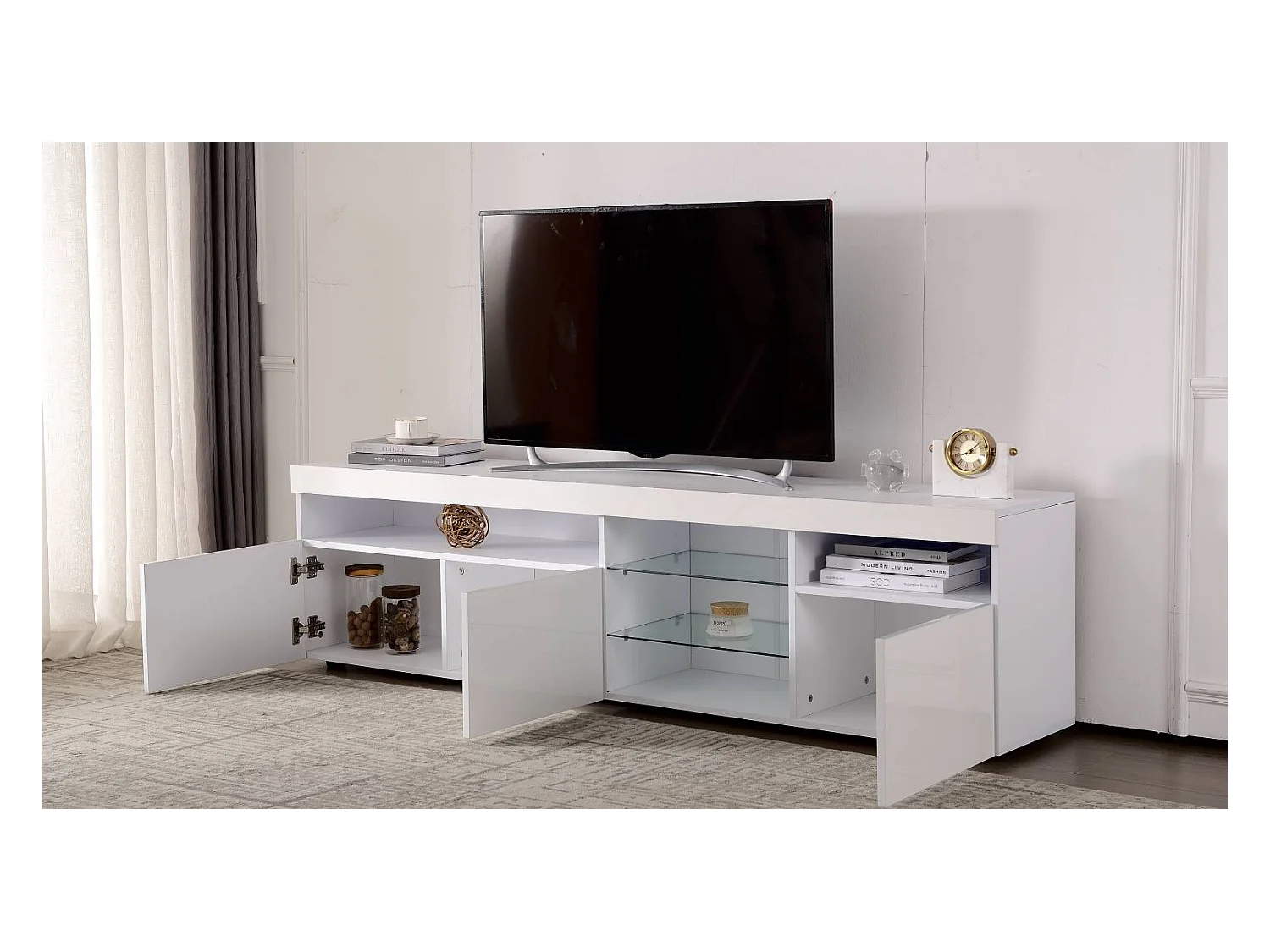 Armoire TV moderne blanc, panneau lumineux, éclairage LED variable, salon et salle à manger 180cm
