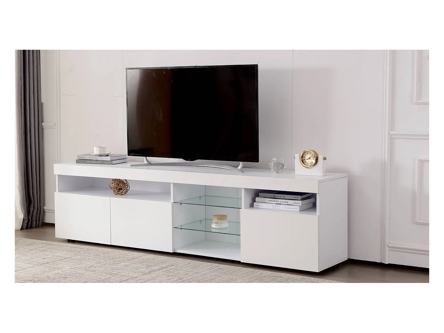 Armoire TV moderne blanc, panneau lumineux, éclairage LED variable, salon et salle à manger 180cm