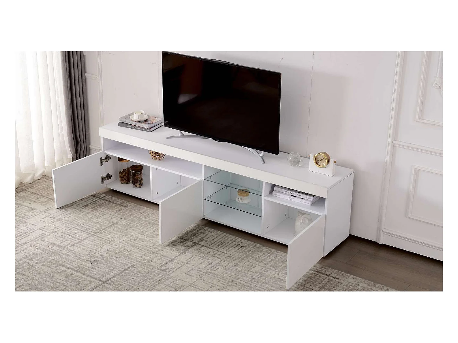 Armoire TV moderne blanc, panneau lumineux, éclairage LED variable, salon et salle à manger 180cm