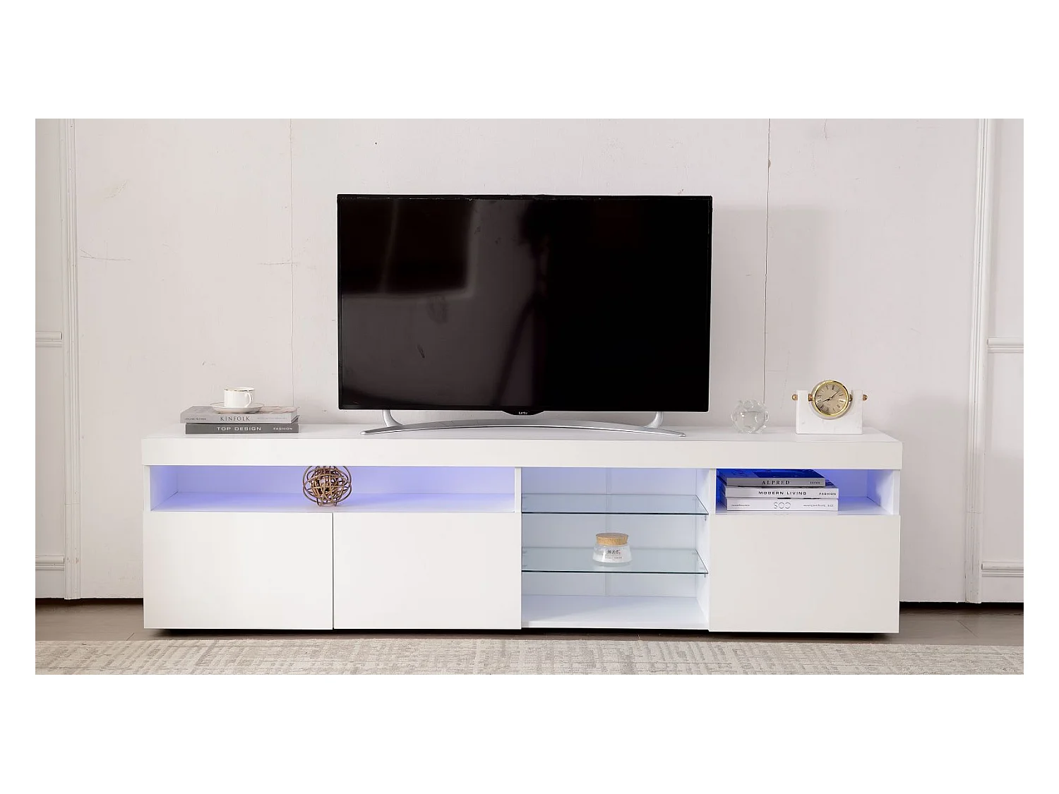Armoire TV moderne blanc, panneau lumineux, éclairage LED variable, salon et salle à manger 180cm