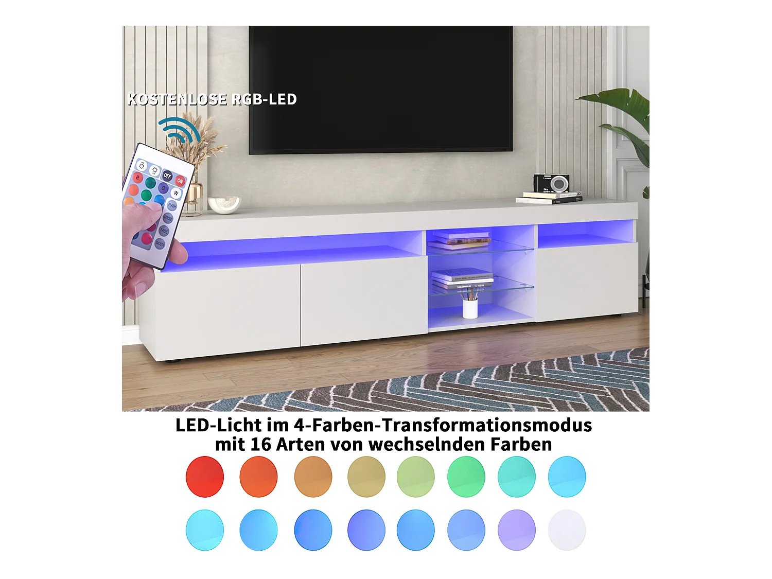 Armoire TV moderne blanc, panneau lumineux, éclairage LED variable, salon et salle à manger 180cm