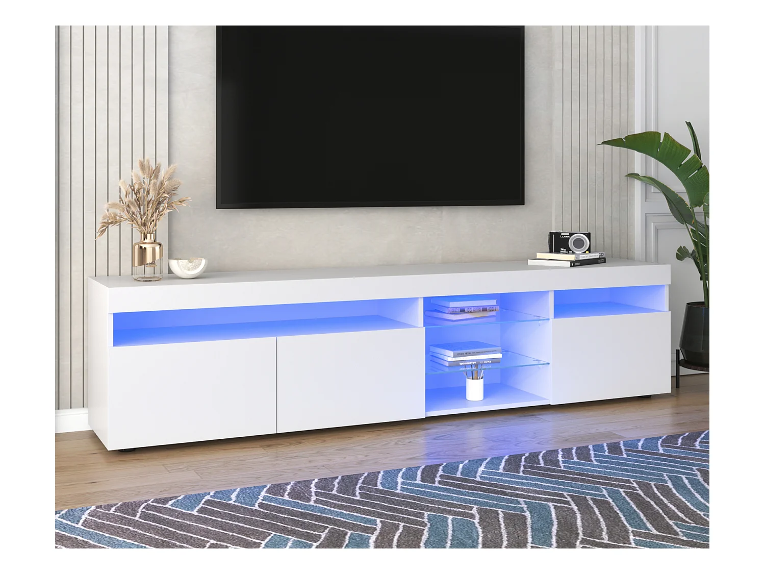 Armoire TV moderne blanc, panneau lumineux, éclairage LED variable, salon et salle à manger 180cm