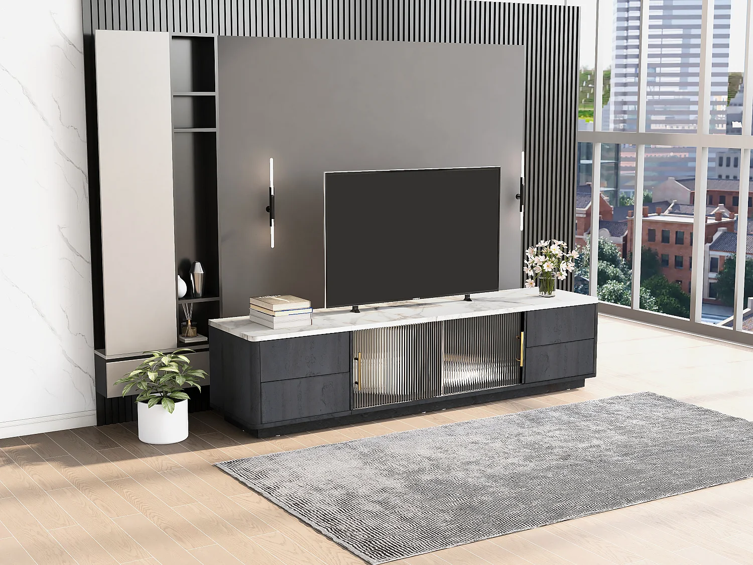160cm Deluxe TV Stand für 70" TV - Gris élégant, plaque de table marbrée, gestion câble, tiroirs avec fonction Push-to-Open