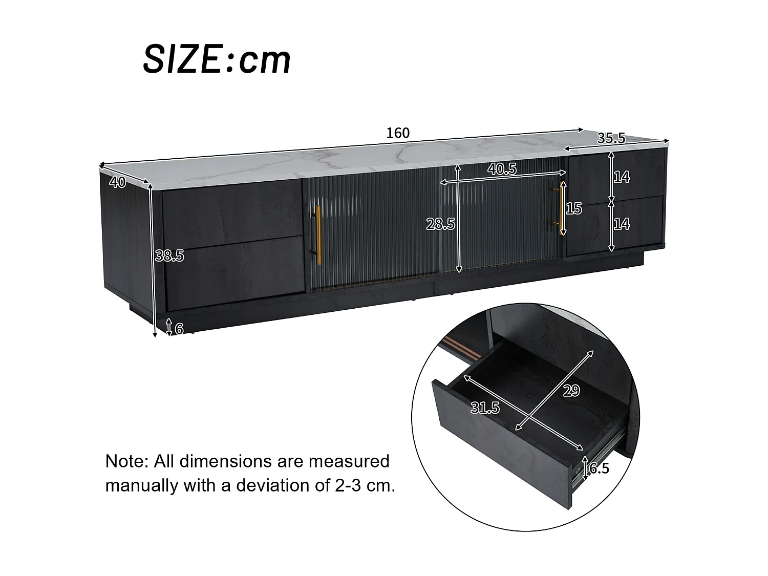 160cm Deluxe TV Stand für 70" TV - Gris élégant, plaque de table marbrée, gestion câble, tiroirs avec fonction Push-to-Open