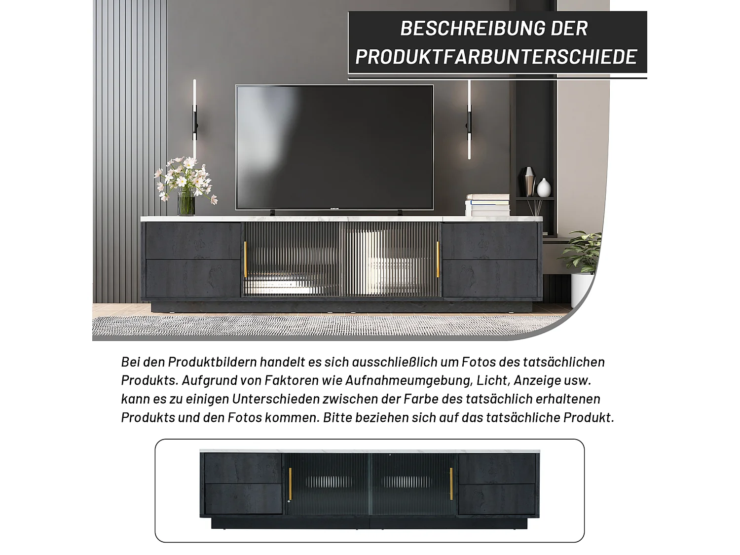 160cm Deluxe TV Stand für 70" TV - Gris élégant, plaque de table marbrée, gestion câble, tiroirs avec fonction Push-to-Open