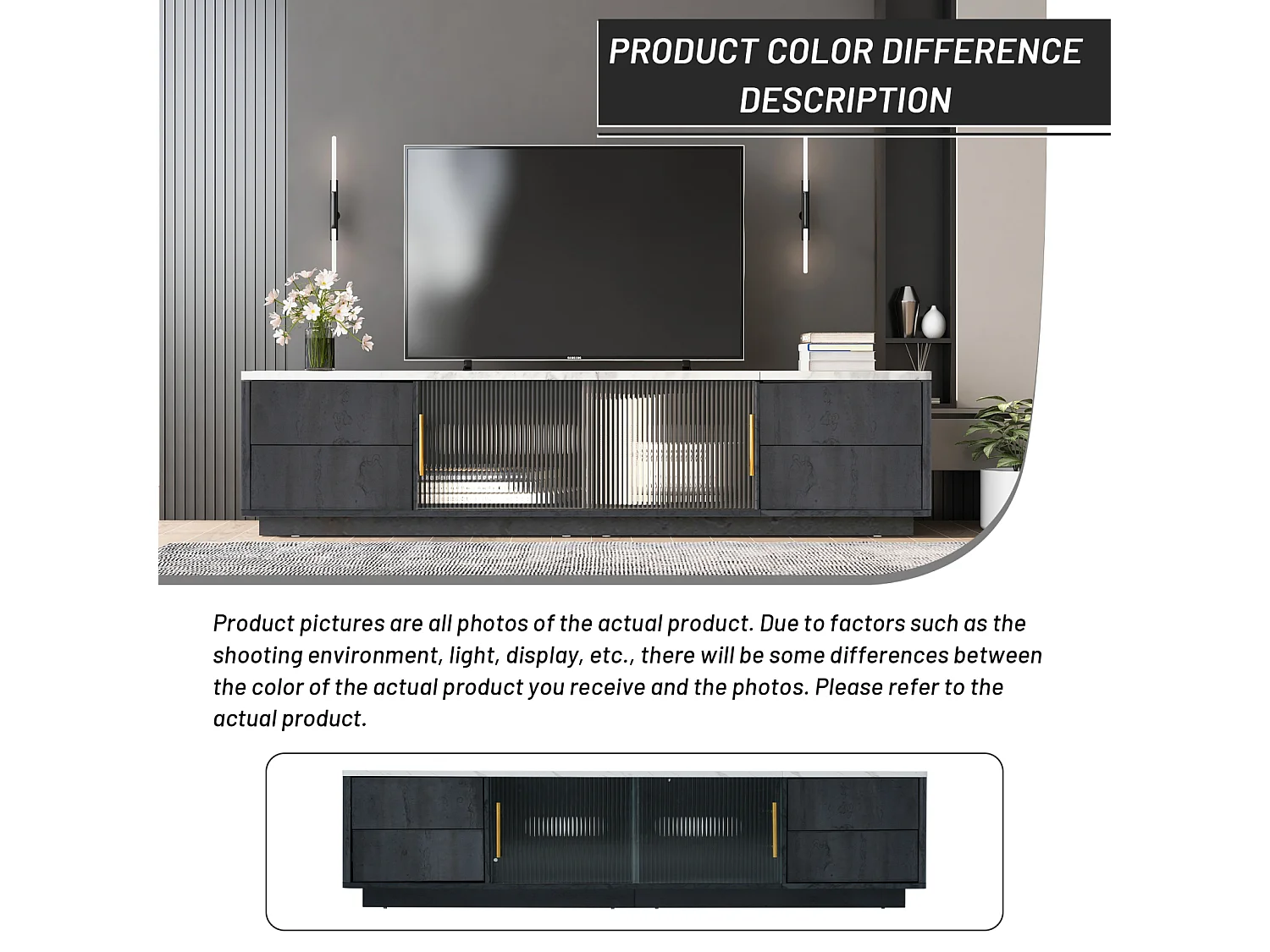 160cm Deluxe TV Stand für 70" TV - Gris élégant, plaque de table marbrée, gestion câble, tiroirs avec fonction Push-to-Open