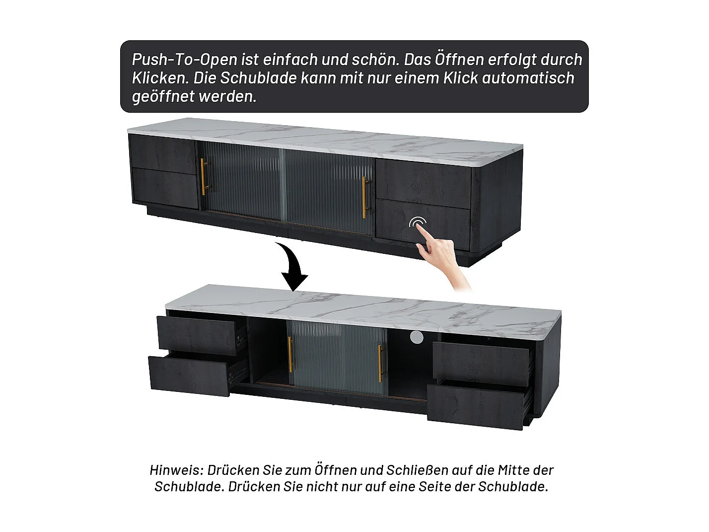 160cm Deluxe TV Stand für 70" TV - Gris élégant, plaque de table marbrée, gestion câble, tiroirs avec fonction Push-to-Open
