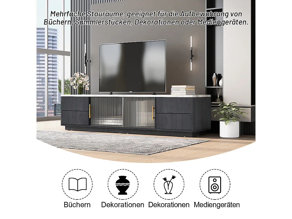 160cm Deluxe TV Stand für 70" TV - Gris élégant, plaque de table marbrée, gestion câble, tiroirs avec fonction Push-to-Open