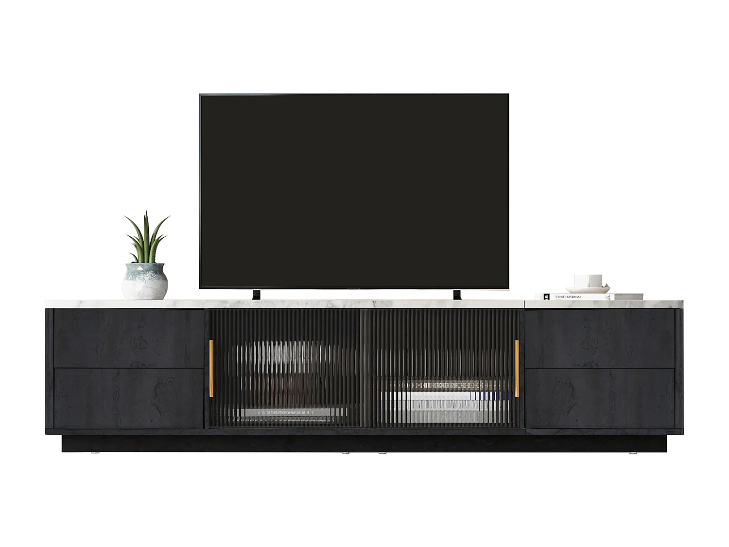 160cm Deluxe TV Stand für 70" TV - Gris élégant, plaque de table marbrée, gestion câble, tiroirs avec fonction Push-to-Open