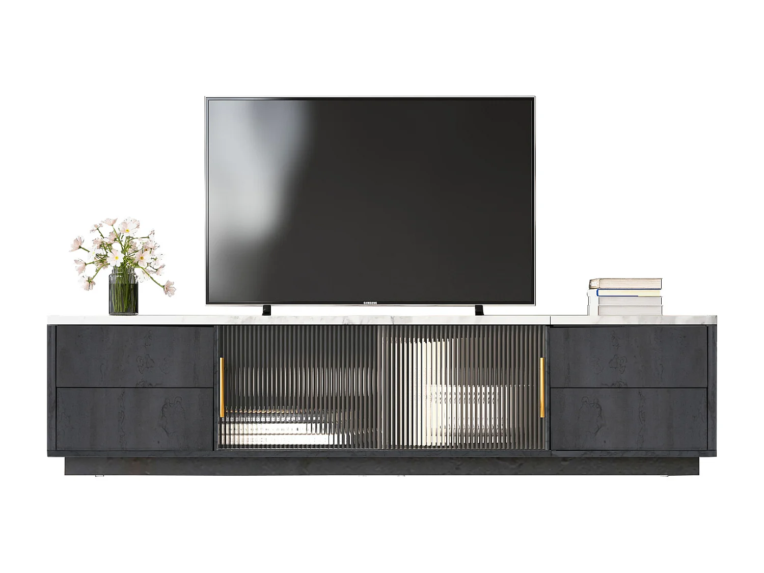 160cm Deluxe TV Stand für 70" TV - Gris élégant, plaque de table marbrée, gestion câble, tiroirs avec fonction Push-to-Open