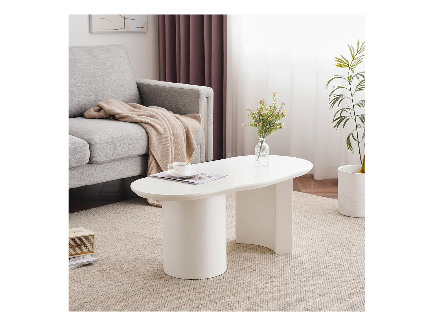 Table basse blanc irrégulière 100 cm avec Piètement cylindrique stable, en MDF laqué