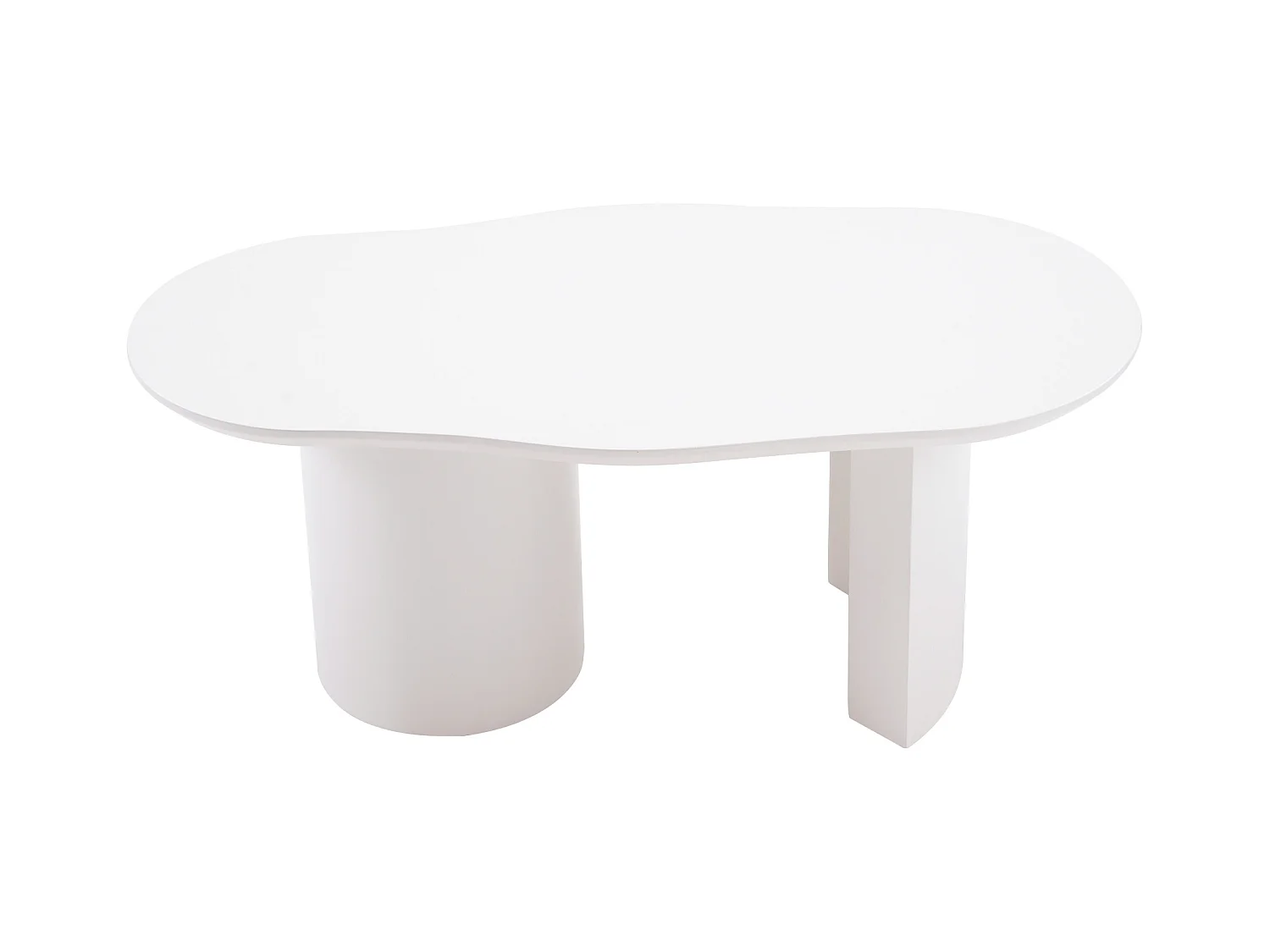 Table basse blanc irrégulière 100 cm avec Piètement cylindrique stable, en MDF laqué