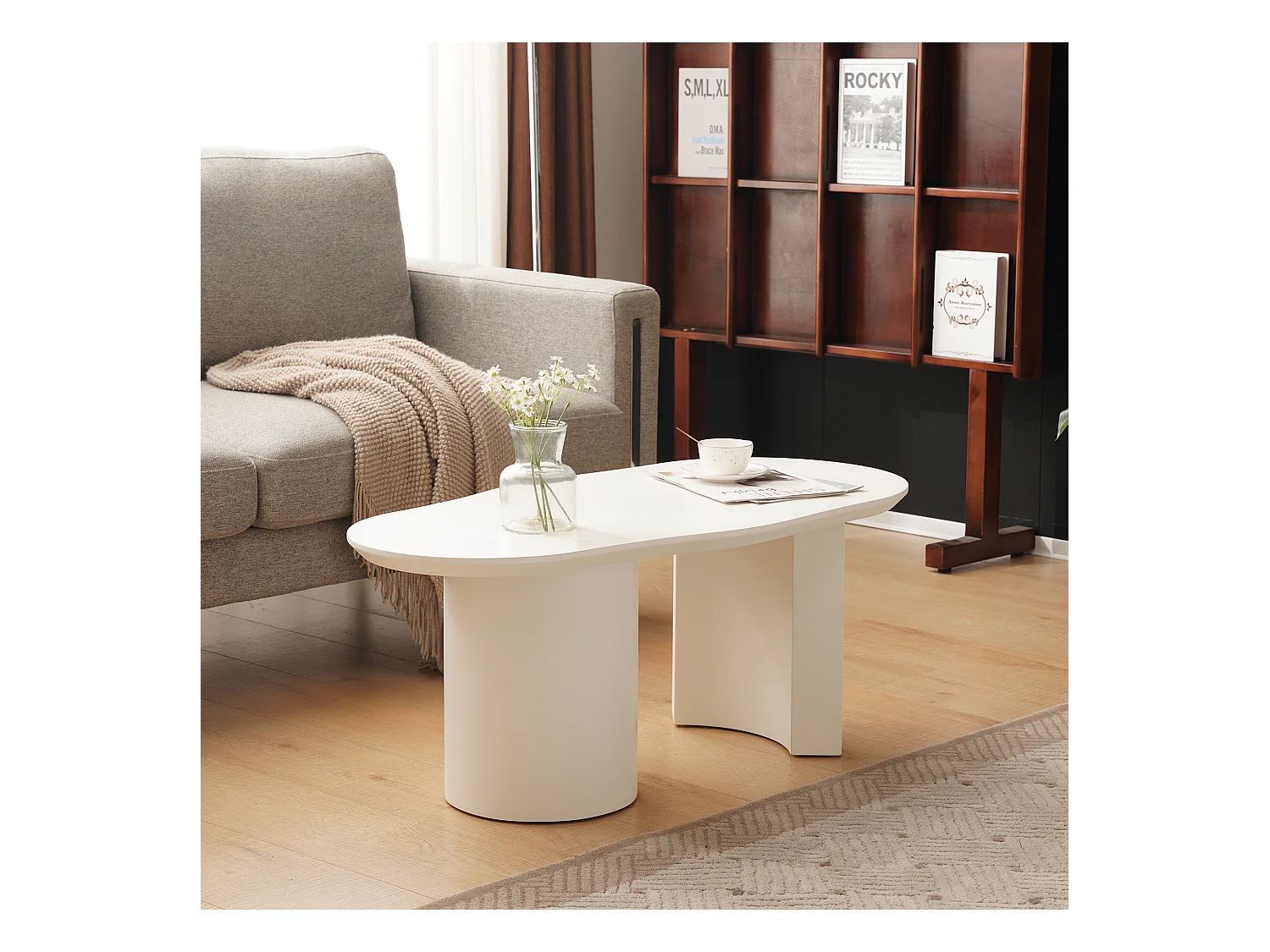 Table basse blanc irrégulière 100 cm avec Piètement cylindrique stable， en MDF laqué
