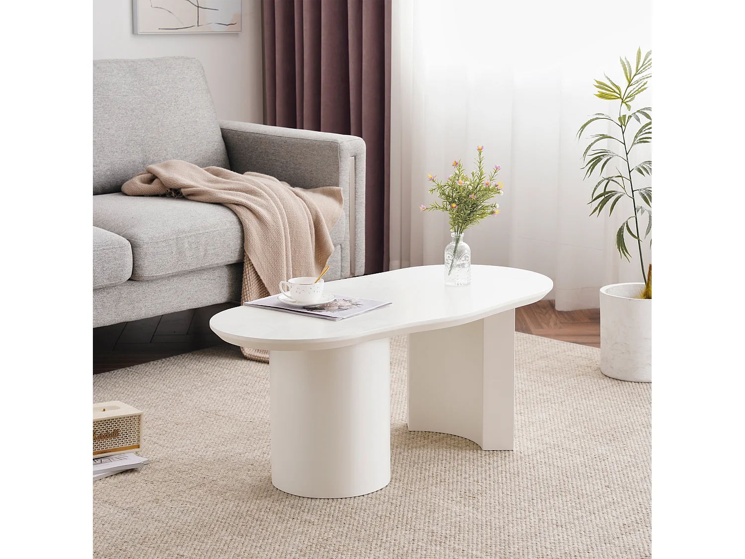 Table basse blanc irrégulière 100 cm avec Piètement cylindrique stable， en MDF laqué