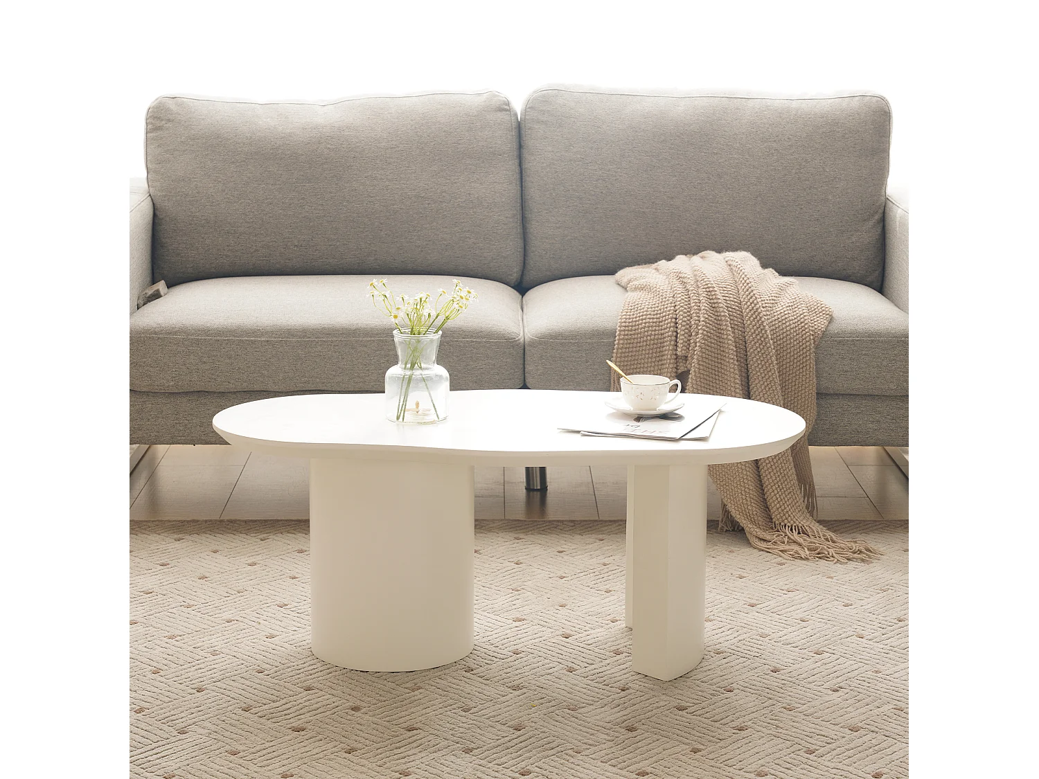 Table basse blanc irrégulière 100 cm avec Piètement cylindrique stable， en MDF laqué