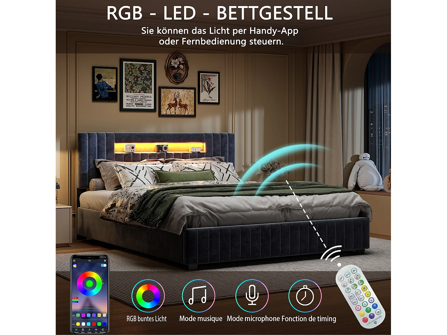 Lit rembourré, lit fonctionnel hydraulique, tête de lit en velours, 140 x 200 cm, lit rembourré, cadre plateforme avec espace de rangement rabattable