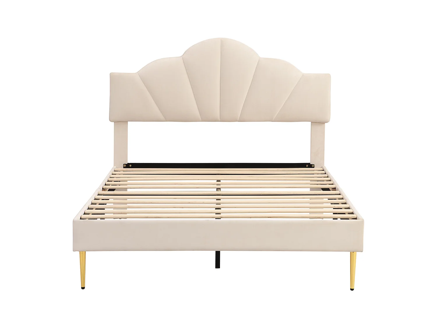 Velours, lit rembourré, 140*190 cm, lit double, lit en forme de coquille avec pieds en fer doré, tête de lit réglable en hauteur, sommier à lattes en bois, beige