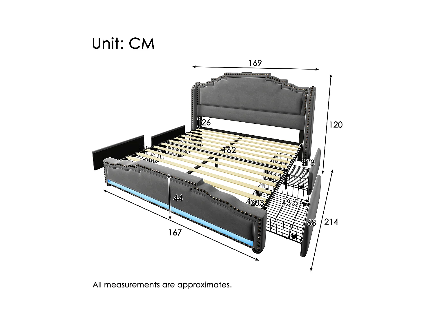 Lit adulte 160x200cm avec 4 tiroirs, LED multicolore et USB type-C, en velours gris, sans matelas