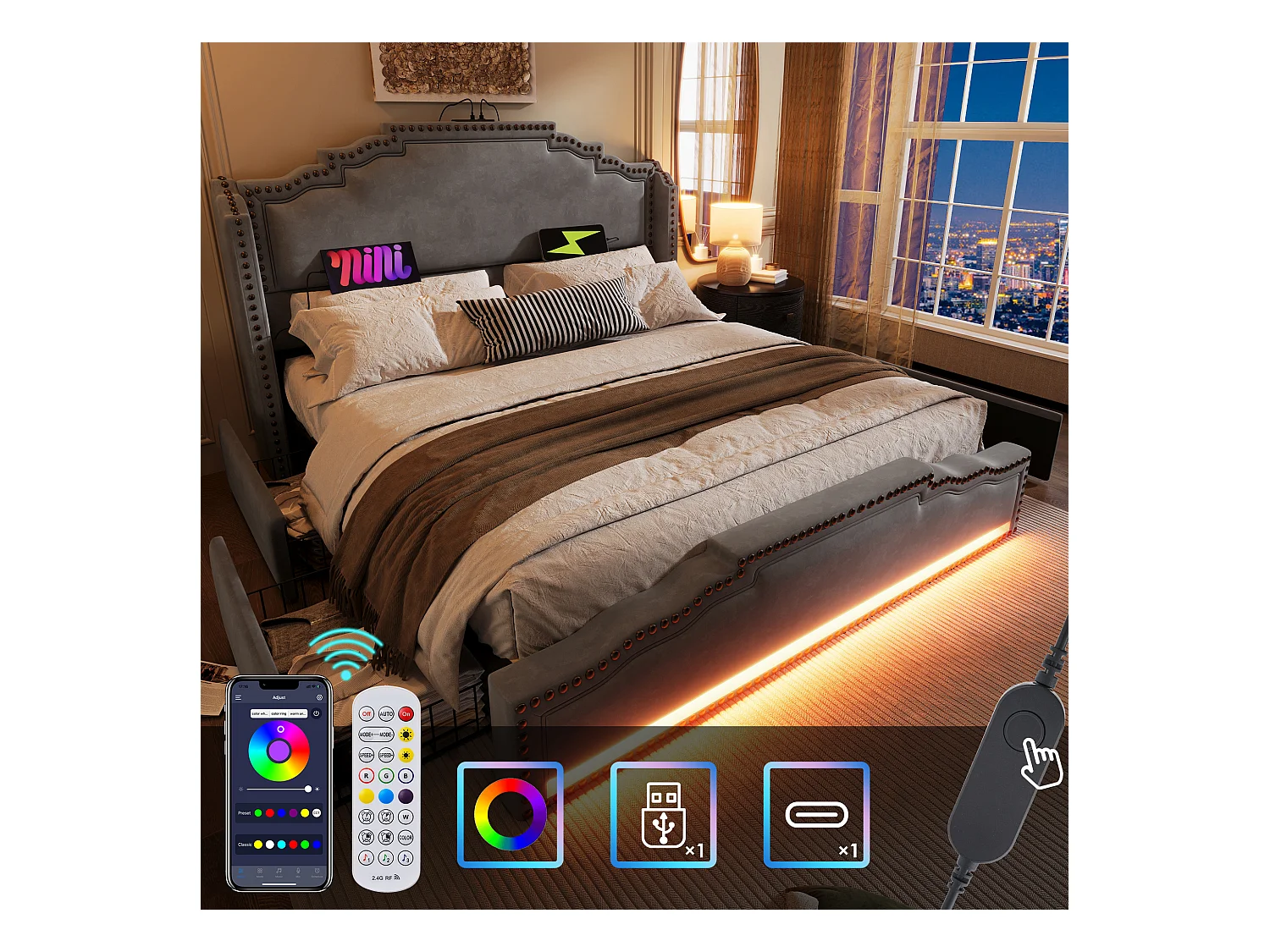 Lit adulte 160x200cm avec 4 tiroirs, LED multicolore et USB type-C, en velours gris, sans matelas