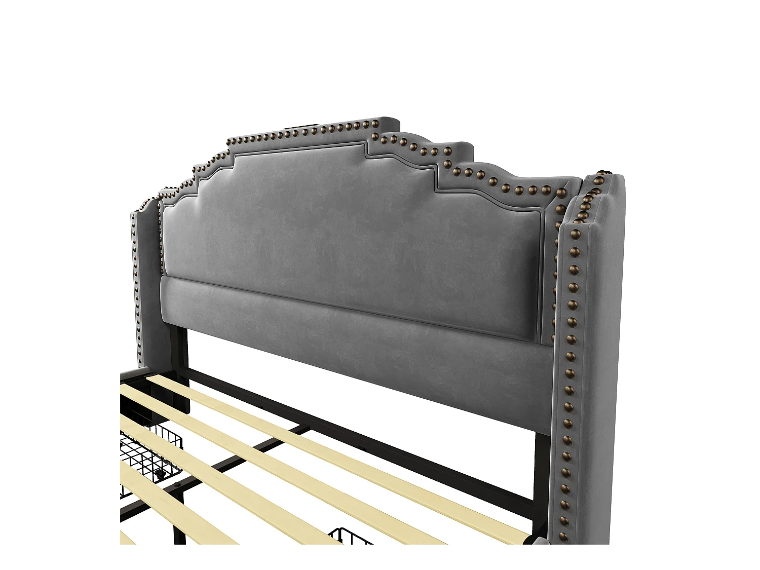 Lit adulte 160x200cm avec 4 tiroirs, LED multicolore et USB type-C, en velours gris, sans matelas