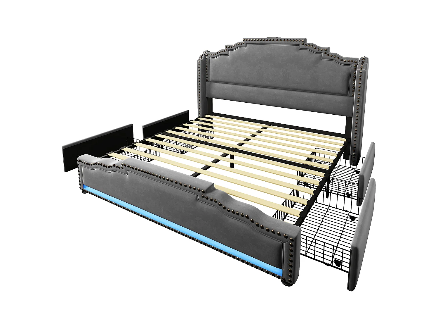 Lit adulte 160x200cm avec 4 tiroirs, LED multicolore et USB type-C, en velours gris, sans matelas