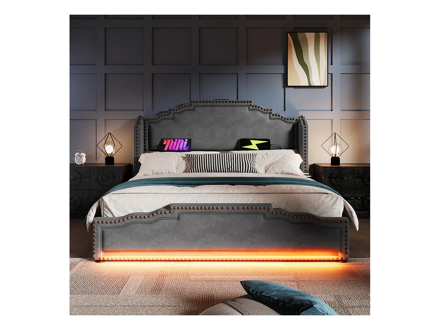 Lit adulte 160x200cm avec 4 tiroirs, LED multicolore et USB type-C, en velours gris, sans matelas