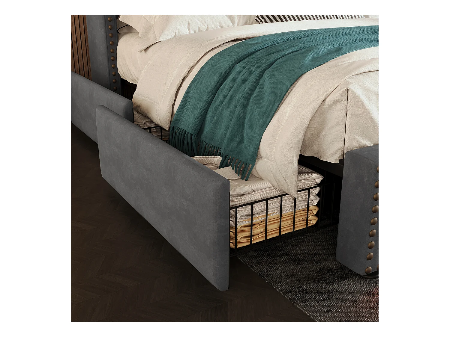 Lit adulte 160x200cm avec 4 tiroirs, LED multicolore et USB type-C, en velours gris, sans matelas