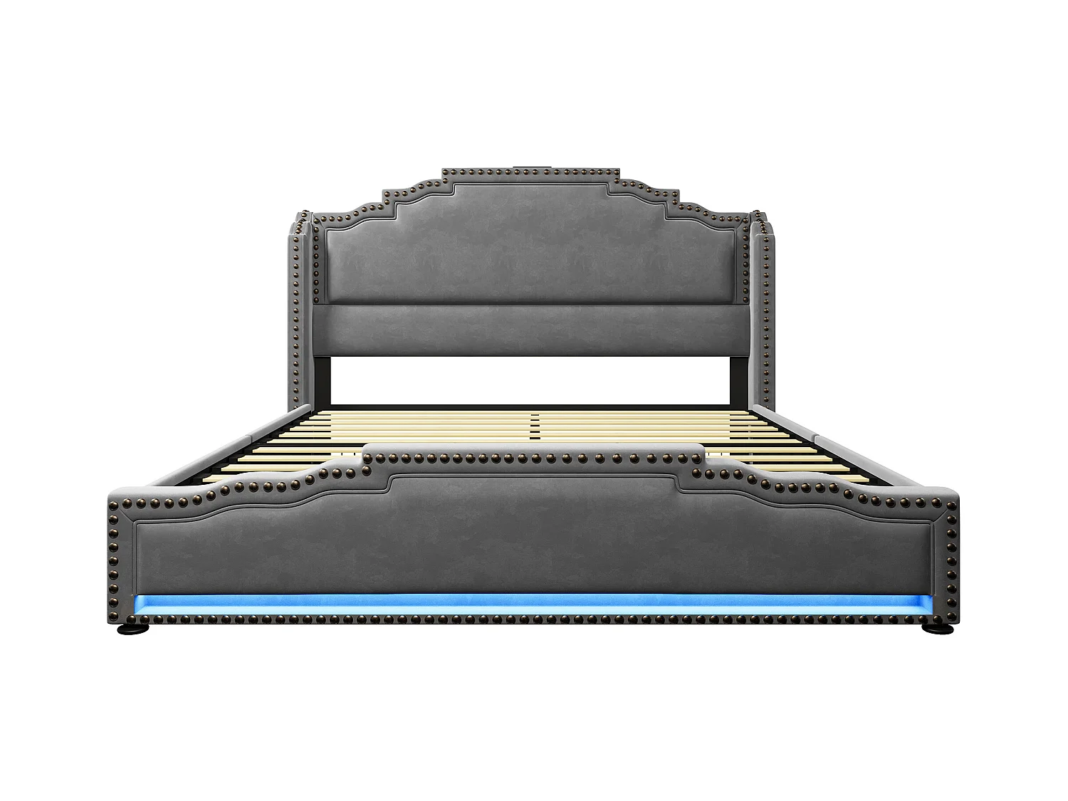 Lit adulte 160x200cm avec 4 tiroirs, LED multicolore et USB type-C, en velours gris, sans matelas