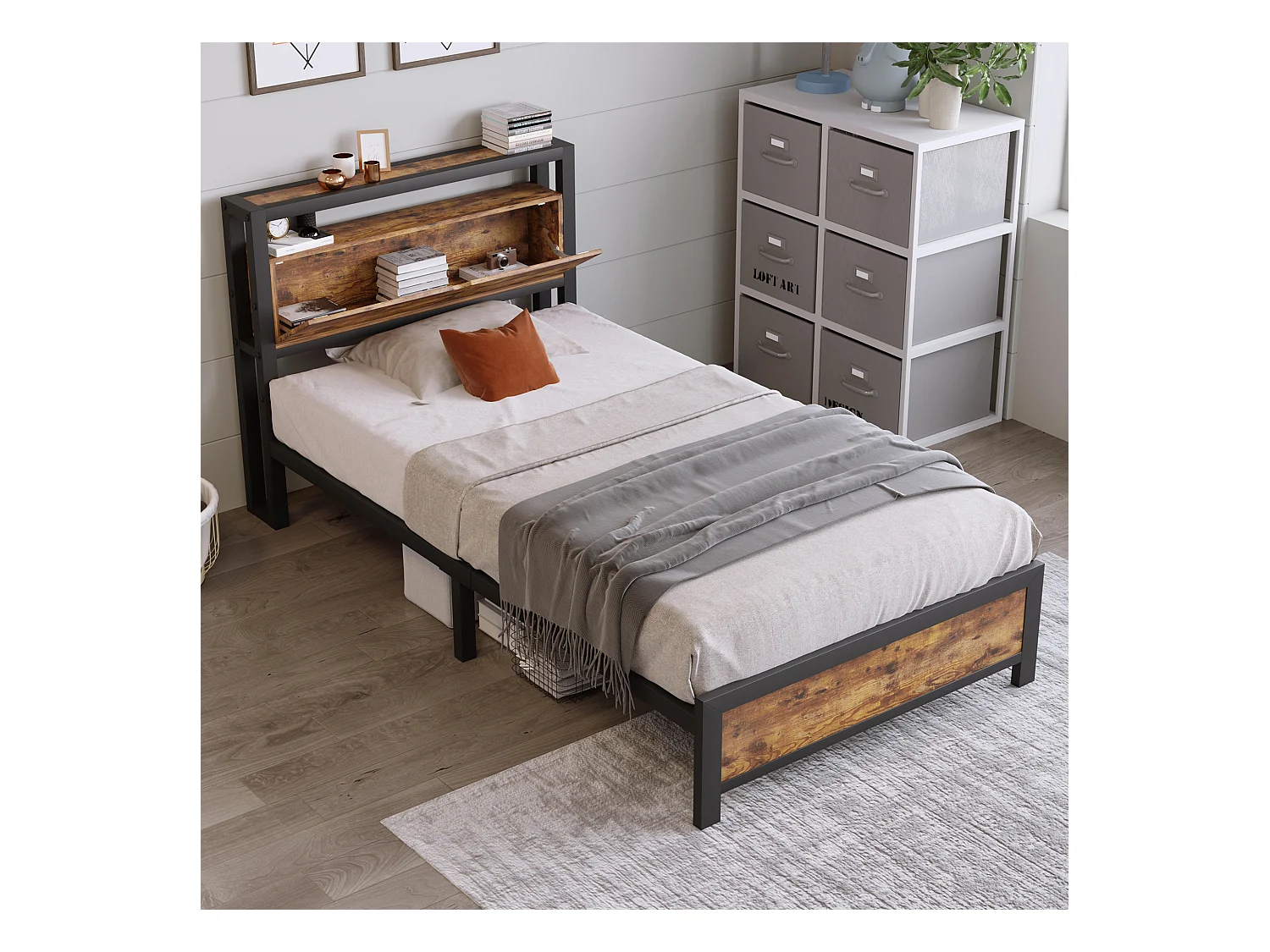 Lit adulte 90x200cm avec tête de lit de rangement, Métal+ MDF, Naturel foncé, sans matelas