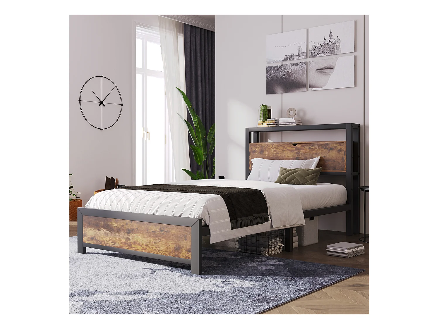 Lit adulte 90x200cm avec tête de lit de rangement, Métal+ MDF, Naturel foncé, sans matelas