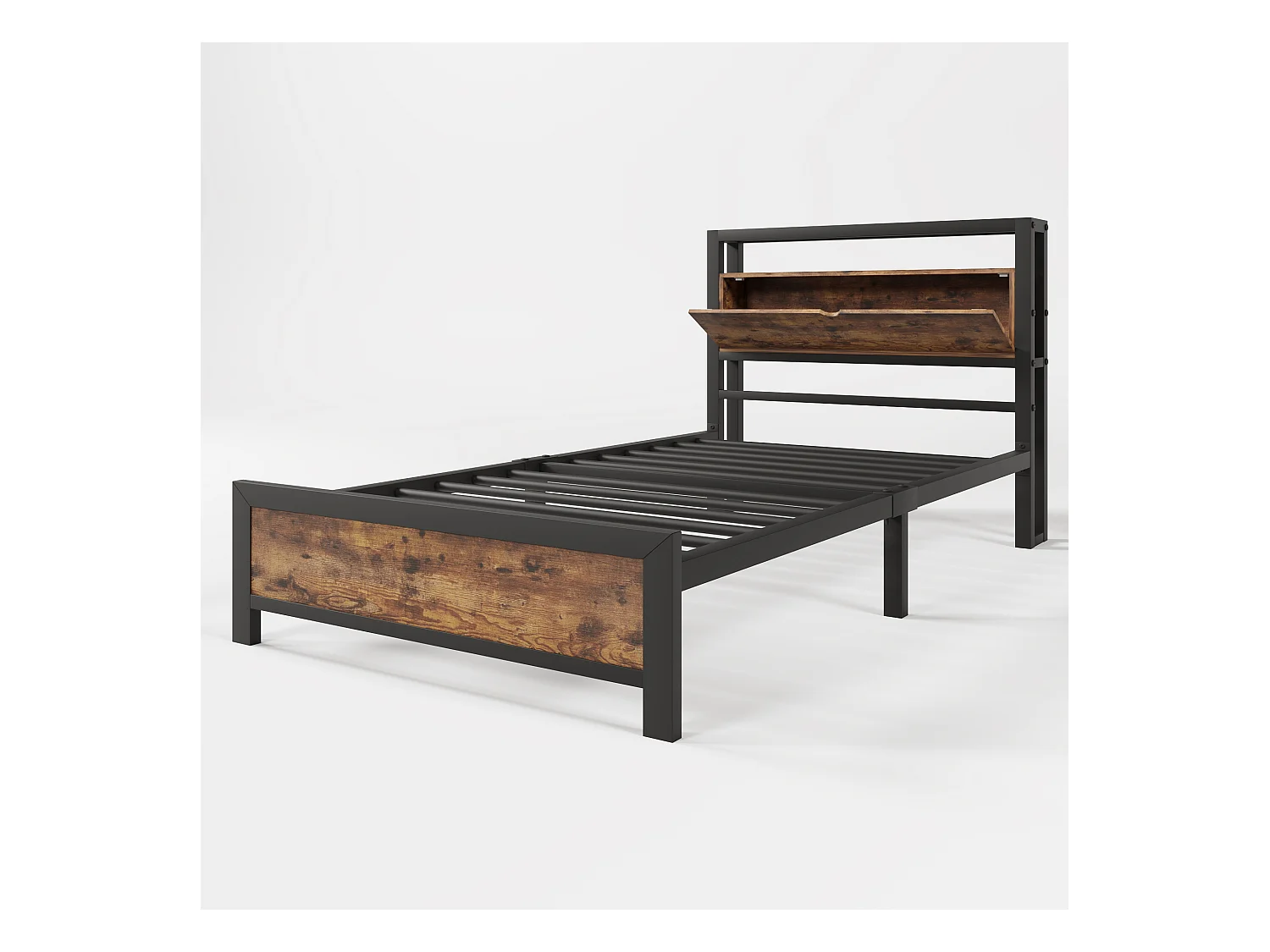 Lit adulte 90x200cm avec tête de lit de rangement, Métal+ MDF, Naturel foncé, sans matelas