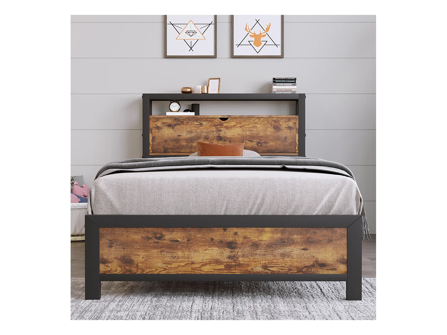 Lit adulte 90x200cm avec tête de lit de rangement, Métal+ MDF, Naturel foncé, sans matelas